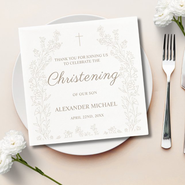 Elegant Gold Cross Floral Christening Baptism Napkin (Creator Uploaded)