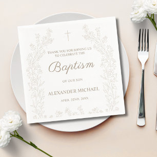 Elegant Gold Cross Floral Christian Baptism Napkin