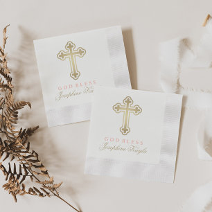 Elegant Gold Cross God Bless Girl Baptism Napkin
