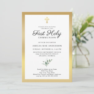 Elegant Gold Cross Greenery First Holy Communion Invitation