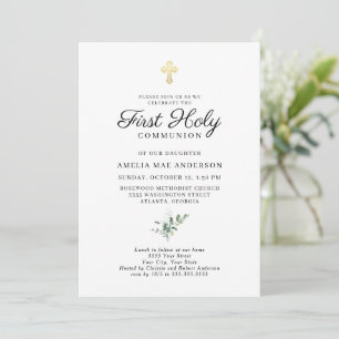 Elegant Gold Cross Greenery First Holy Communion Invitation