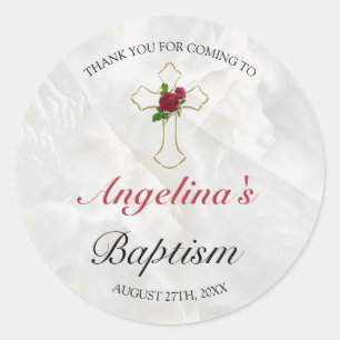 Elegant Gold Cross Marble Floral Baptism Thank You Classic Round Sticker