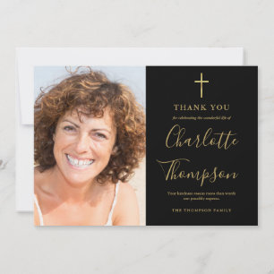 Elegant Gold Cross Memorial Funeral Photo Thank You Card