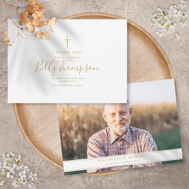 Elegant Gold Cross Memorial Funeral Simple Photo Thank You Card (Creator Uploaded)