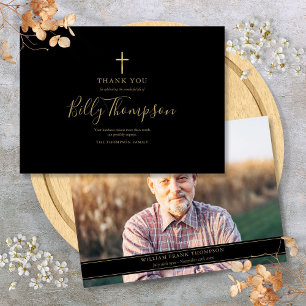 Elegant Gold Cross Memorial Funeral Simple Photo Thank You Card