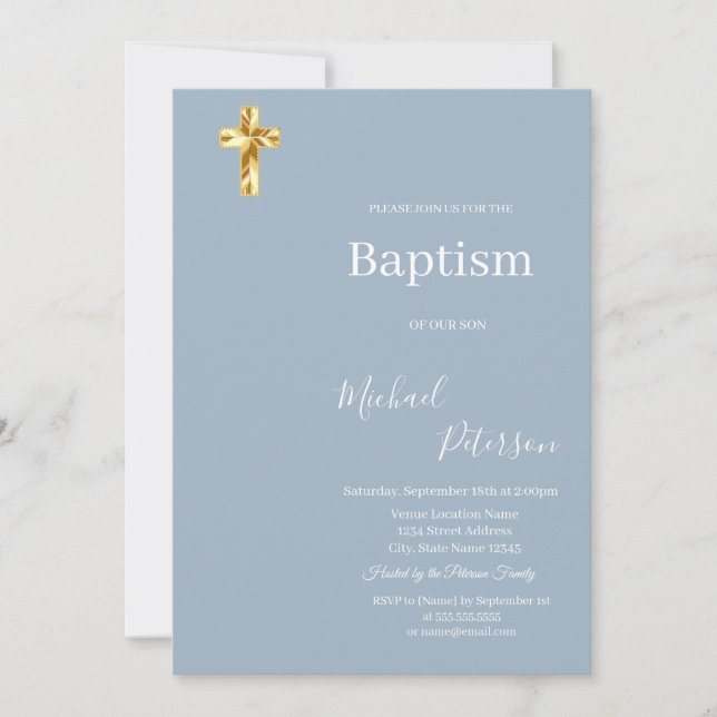  Elegant Gold Cross Minimalist Baptism Dusty Blue Invitation (Front)
