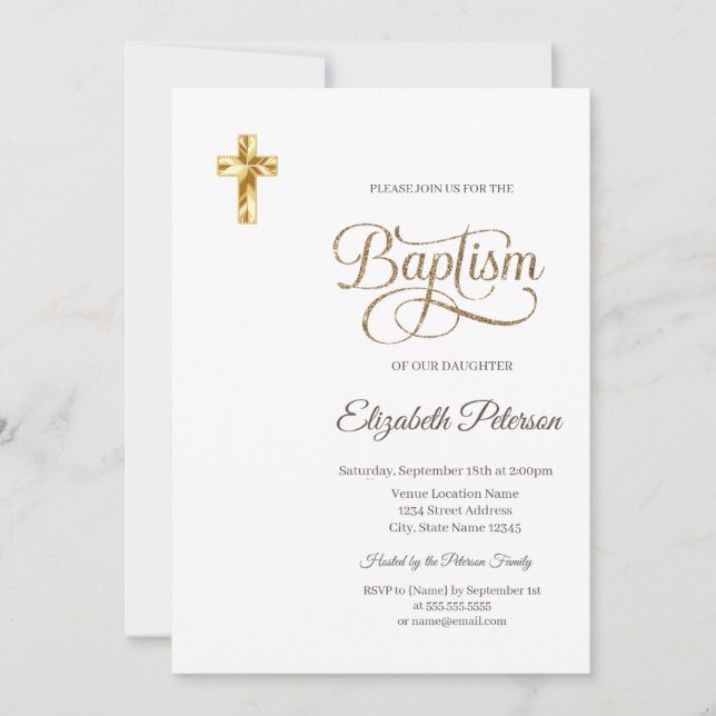 Elegant Gold Cross Minimalist Baptism Invitation (Front)