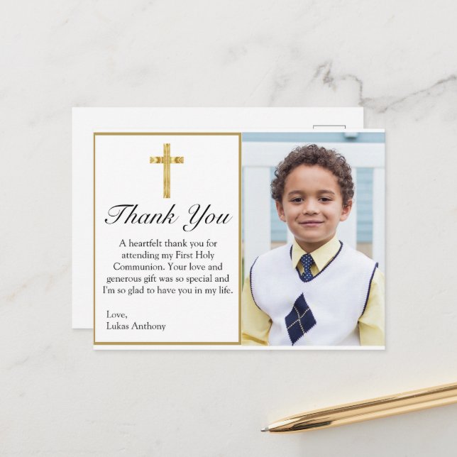 Elegant Gold Cross Photo 1st Communion Thank You Postcard (Front/Back In Situ)
