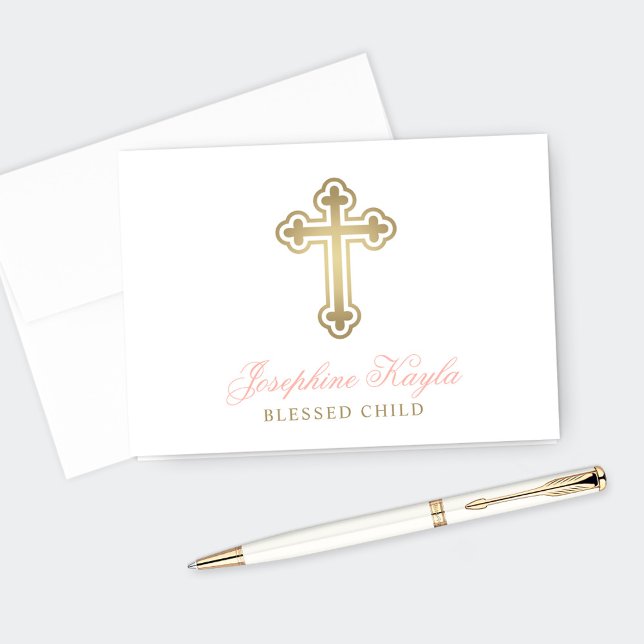 Elegant Gold Cross Pink Baby Girl Baptism Thank You Card (Creator Uploaded)