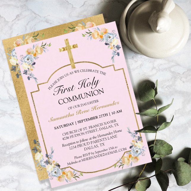 Elegant Gold Cross PInk Floral 1st Holy Communion Invitation (Creator Uploaded)