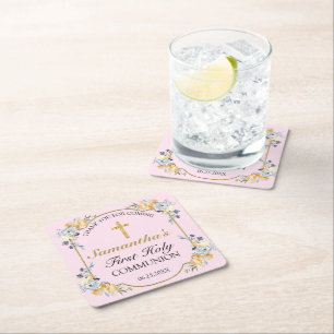 Elegant Gold Cross Pink Floral 1st Holy Communion Square Paper Coaster