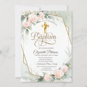 Elegant Gold Cross Pink Roses Baptism Invitation