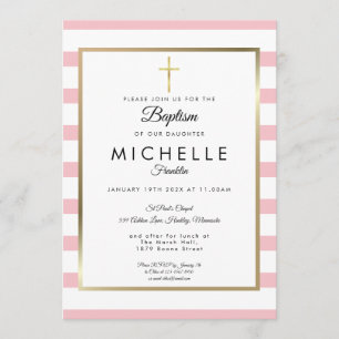 Elegant Gold Cross Pink Stripe Baptism Christening Invitation