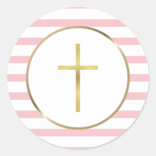 Elegant Gold Cross Pink Stripe Classic Round Sticker