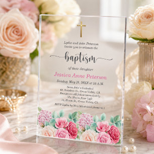 Elegant Gold Cross Roses Floral Baptism Acrylic Invitations