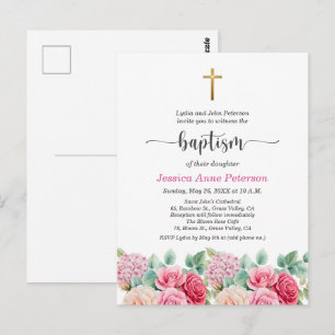 Elegant Gold Cross Roses Floral Baptism Invitation Postcard