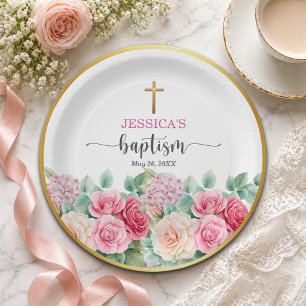 Elegant Gold Cross Roses Floral Baptism Paper Plate