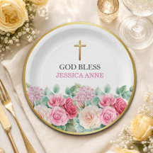 Elegant Gold Cross Roses Floral Baptism