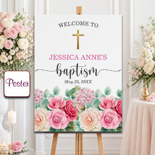 Elegant Gold Cross Roses Floral Baptism Welcome Poster