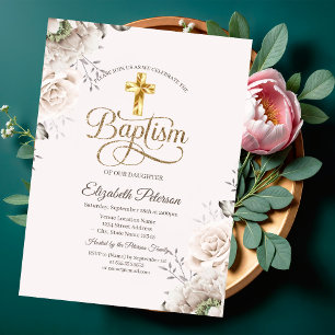 Elegant Gold Cross Roses Pink Baptism Invitation