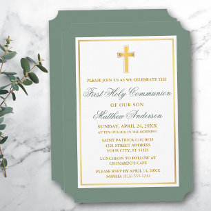 Elegant Gold Cross Sage Green First Communion Invitation