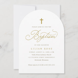 Elegant Gold Cross Script Calligraphy Baptism Invitation