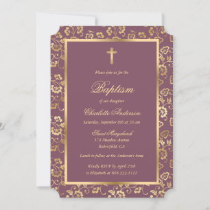 Elegant Gold Cross Script Floral Baptism Invitation