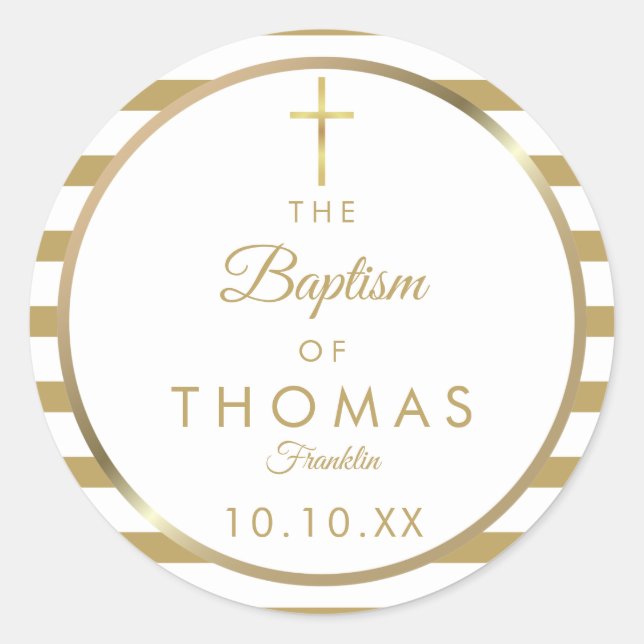 Elegant Gold Cross Stripe Baptism Christening Classic Round Sticker (Front)