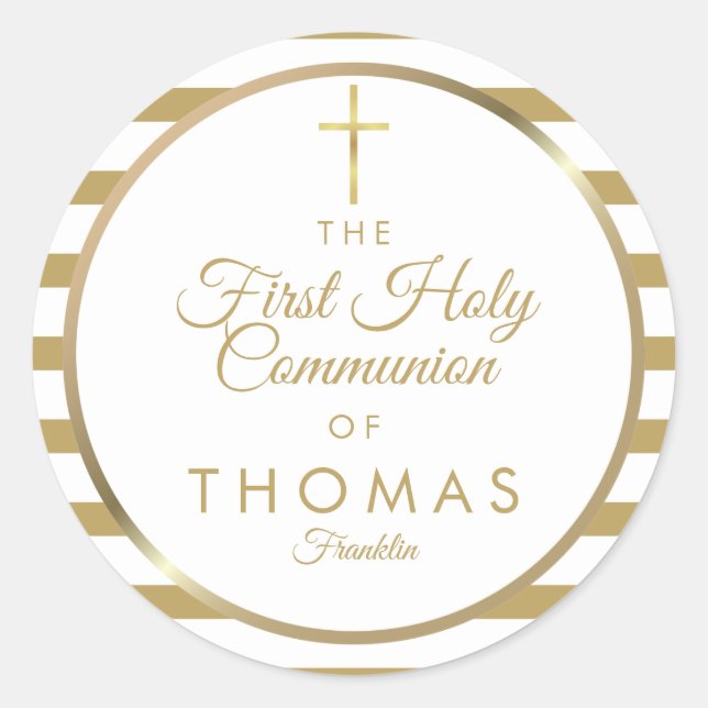Elegant Gold Cross Stripe First Holy Communion Classic Round Sticker (Front)