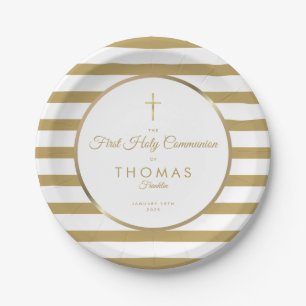 Elegant Gold Cross Stripe First Holy Communion Paper Plate