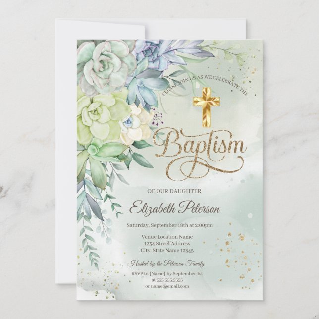 Elegant Gold Cross Succulents Green Baptism Invitation (Front)