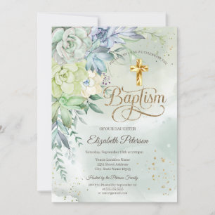 Elegant Gold Cross Succulents Green Baptism Invitation