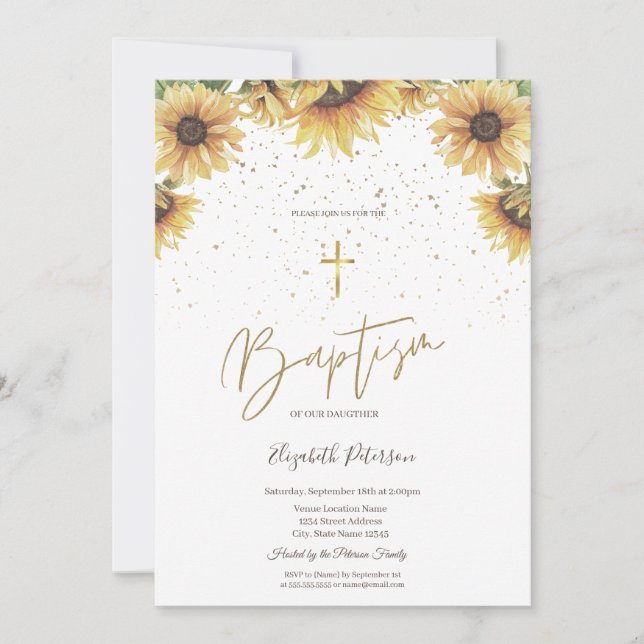 Elegant Gold Cross Sunflowers Baptism  Invitation (Front)