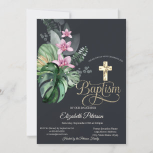 Elegant Gold Cross Tropical Flowers Dark Baptism Invitation