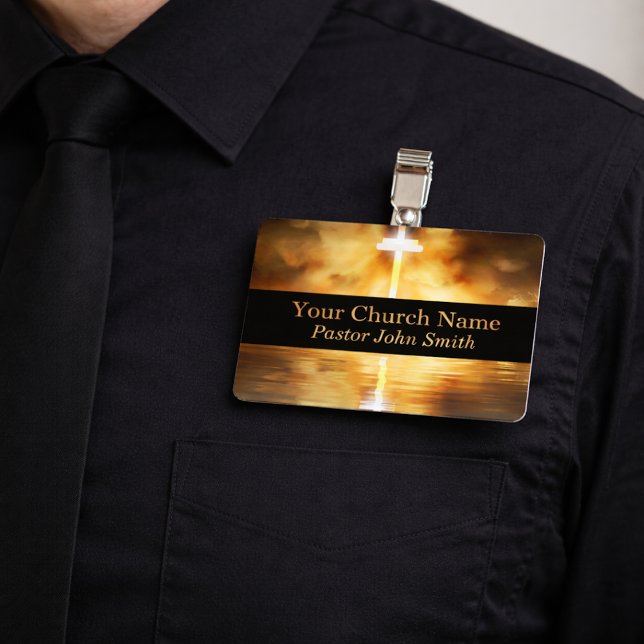 Elegant Gold Cross Water Reflection Church  ID Badge (Creator Uploaded)