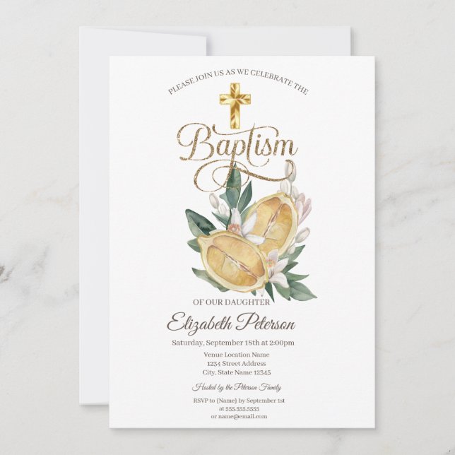 Elegant Gold Cross Watercolor Lemons Botanical Invitation (Front)