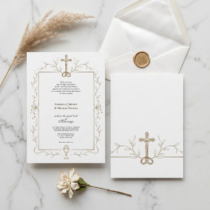 Elegant Gold Cross Wedding Rings Catholic Wedding Invitation