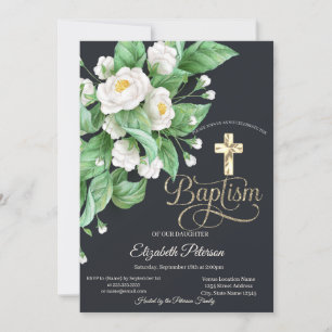 Elegant Gold Cross White Flowers Baptism Invitation