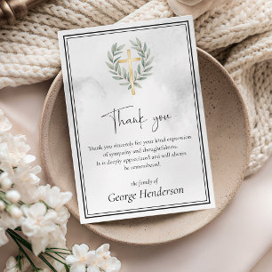 Elegant Gold Cross with Leaves Funeral Thank You Card
