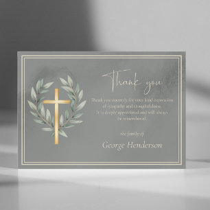 Elegant Gold Cross  with Leaves Funeral Thank You Card