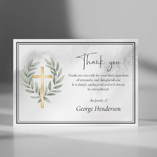Elegant Gold Cross with Leaves Funeral Thank You Card