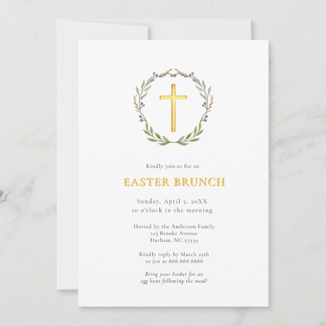 Elegant Gold Cross & wreath Easter brunch  Invitation (Front)