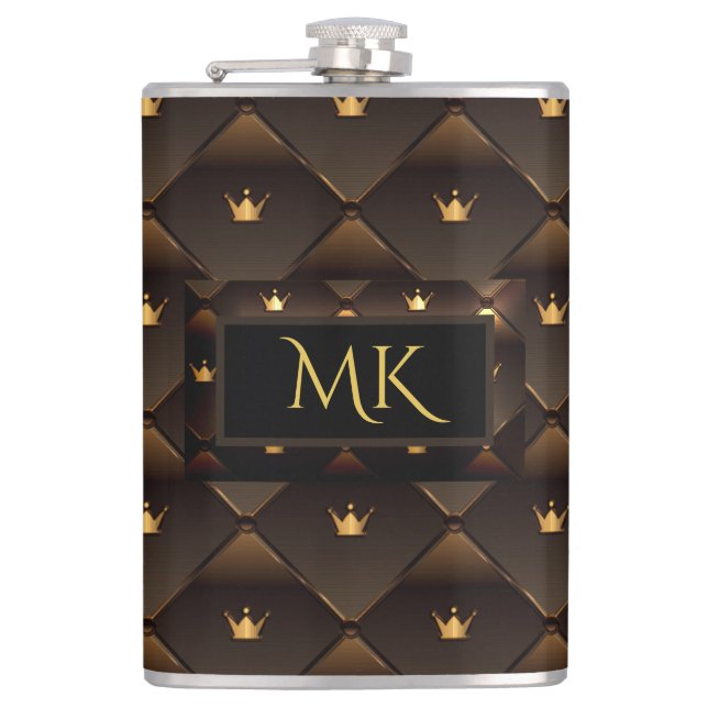 Elegant Gold Crown Faux Brown Leather Monogram Hip Flask (Front)