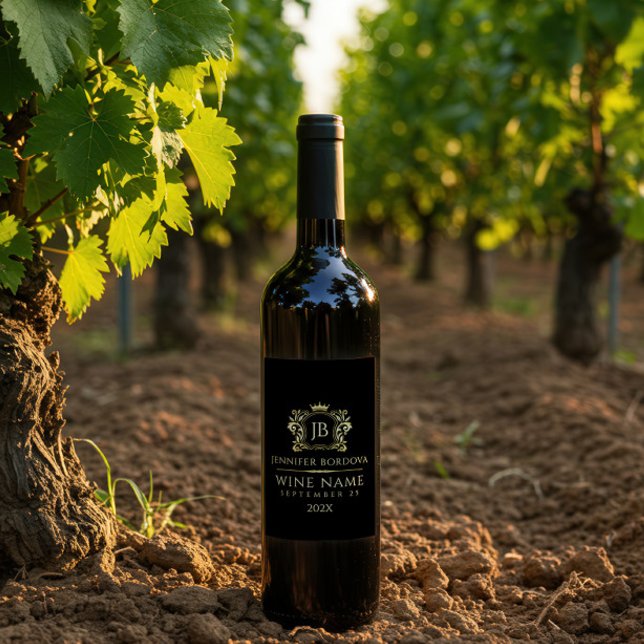 Elegant Gold Crown Frame On Custom Black Wine Label (Creator Uploaded)