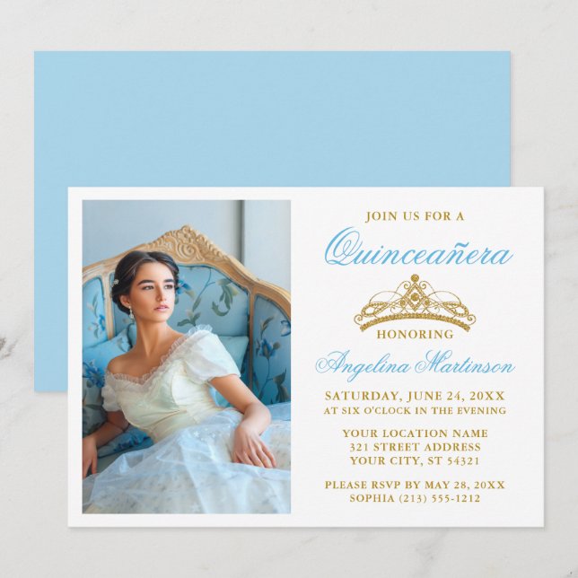 Elegant Gold Crown Photo Light Blue Quinceanera Invitation (Front/Back)