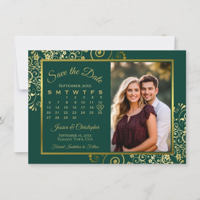 Elegant Gold Curls Emerald Calendar Photo Wedding Save The Date (Front)