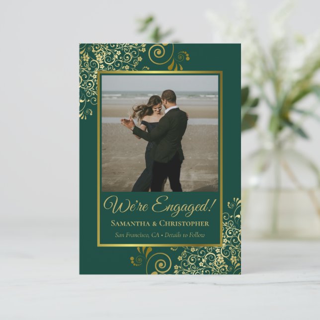 Elegant Gold Curls Emerald Green Photo Engagement Announcement (Standing Front)