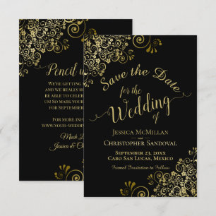 Elegant Gold Curls Filigree on Black Wedding Save The Date