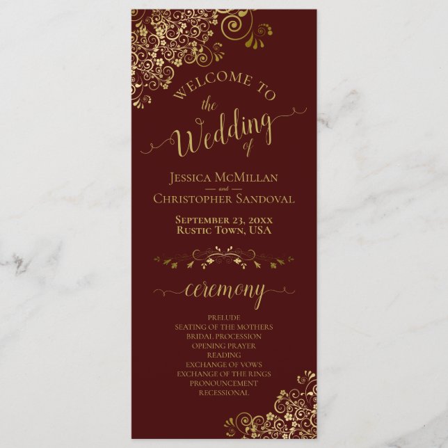 Elegant Gold Curls on Auburn Brown Wedding Programme (Front)