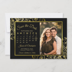 Elegant Gold Curls on Black Calendar Photo Wedding Save The Date